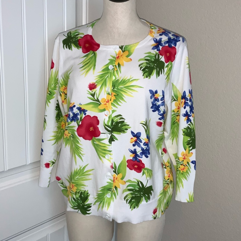 EP Pro Tropical Print Floral Cardigan 3/4Sleeve Cotton Blend Lightweight Sweater